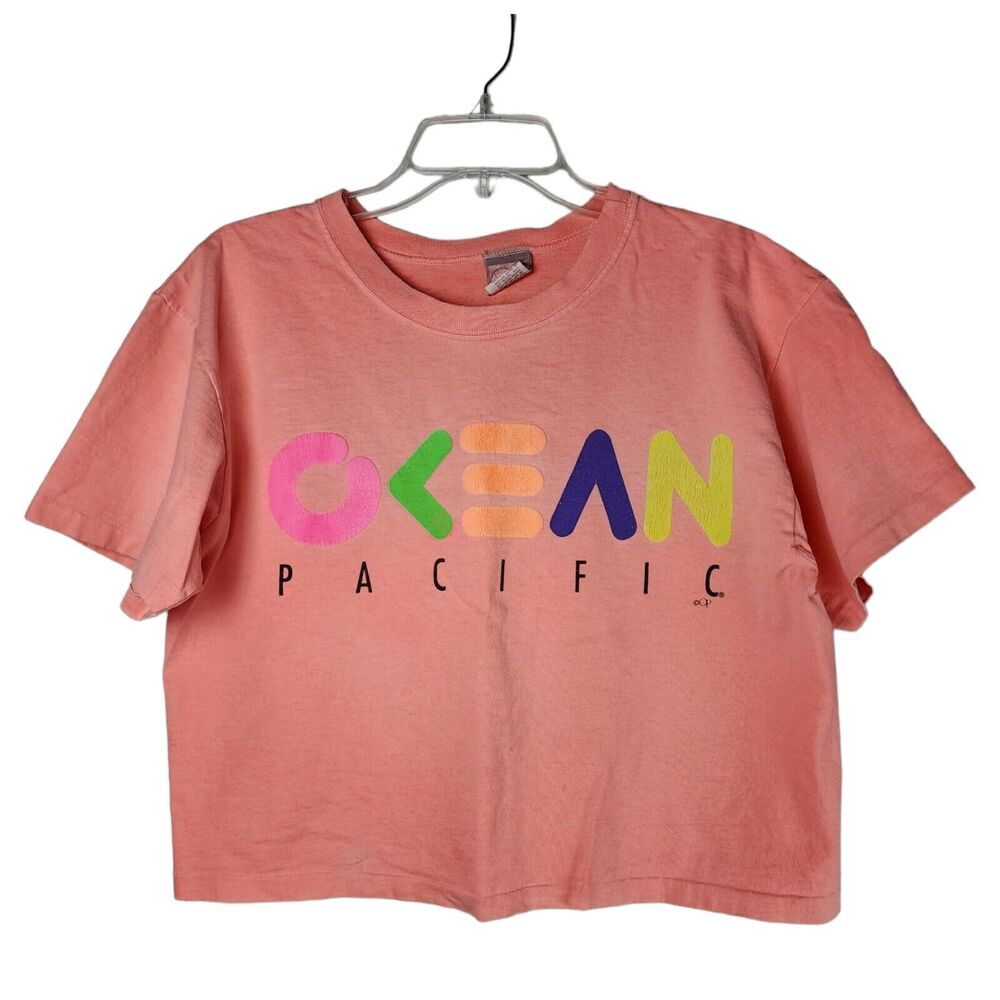 Ocean Pacific Cropped Shirt VTG OP Single Stitch Womens OSFM Neon Coral Peach